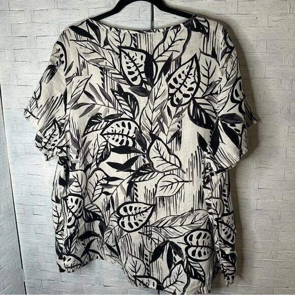 Tahari Women's Leaf Print 100% Linen Short Sleeve Shirt Lightweight plus size - Picture 6 of 10